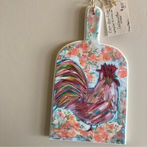 Hand-Painted Rooster Decorative upcycled vintage cheese board- Pink, Teal, Coral